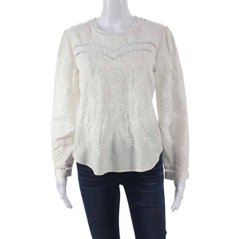 Sea New York Womens White Floral Tencel Round Neck Long Sleeve Blouse Size S